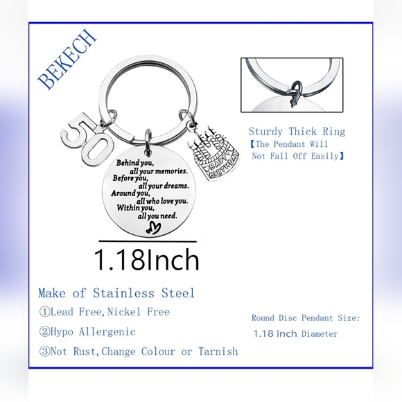 ❤50th Birthday Keychain Stainless Steel Nickel-free Lead-free Hypoallergenic - Picture 2 of 5